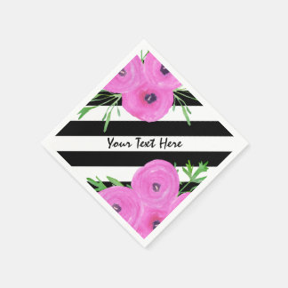 Black White Stripes Pink Ranunculus Floral Napkin