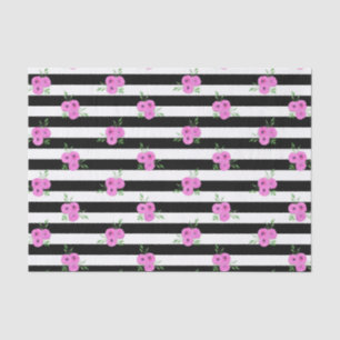 Black White Stripes Pink Ranunculus Floral Pattern Tissue Paper