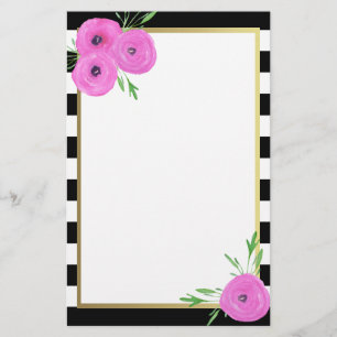 Black White Stripes Pink Ranunculus Floral Stationery