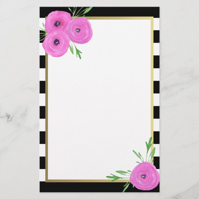 Black White Stripes Pink Ranunculus Floral Stationery (Front)