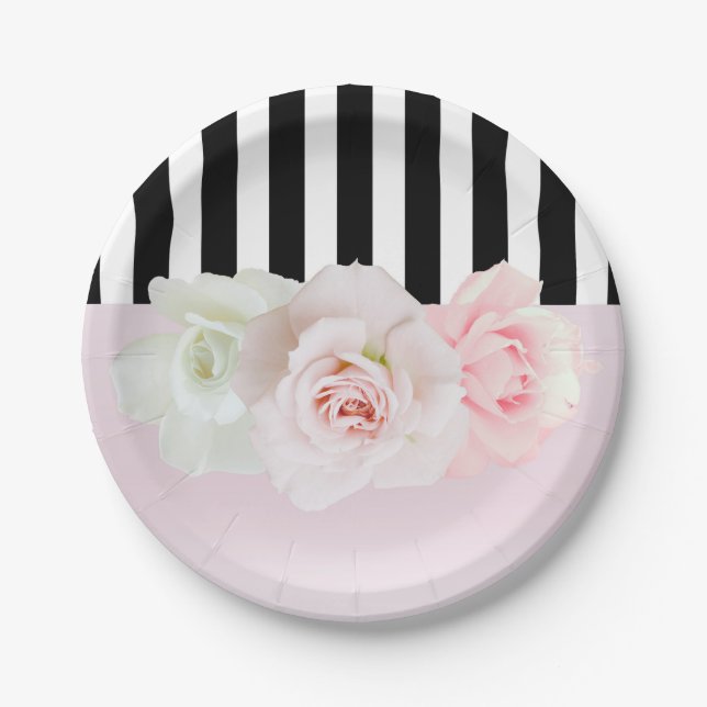 Black & White Stripes Pink Roses Bridal Shower Paper Plate (Front)