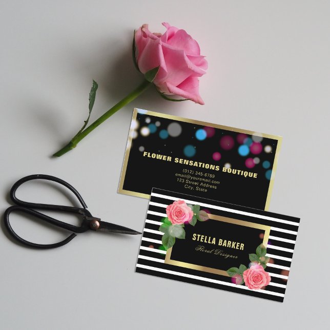 Black & White Stripes Pink Roses Lights Florist Business Card (Creator Uploaded)