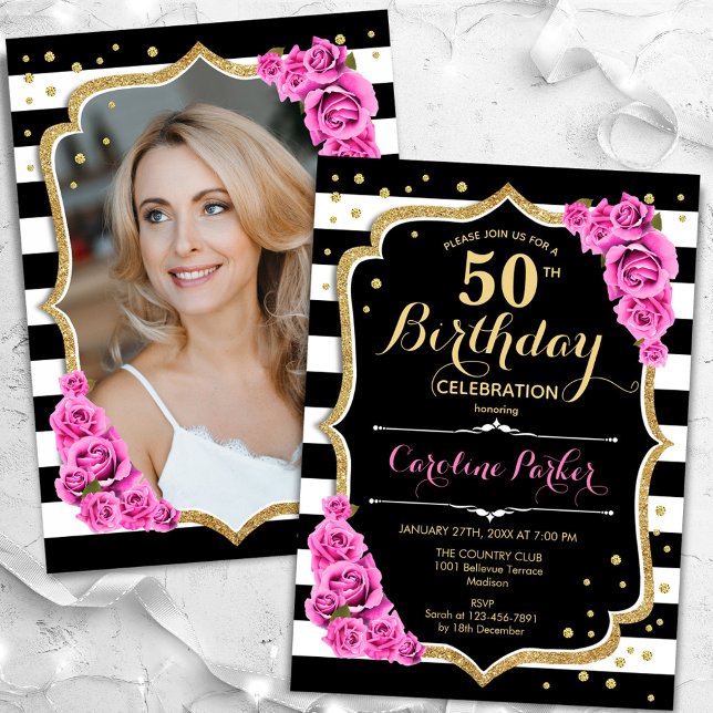 Black White Stripes Pink Roses Photo 50th Birthday Invitation (Creator Uploaded)