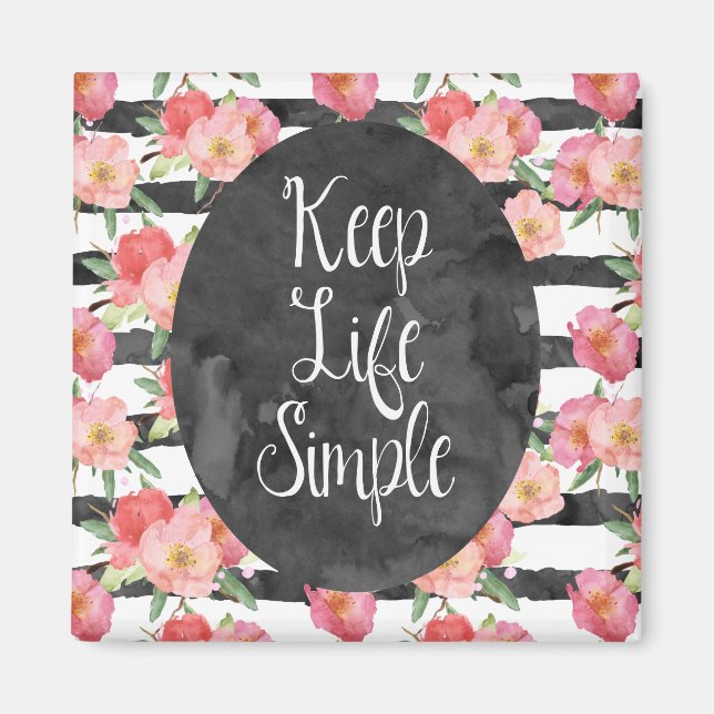 Black White Stripes Pink Watercolor Floral Magnet (Front)