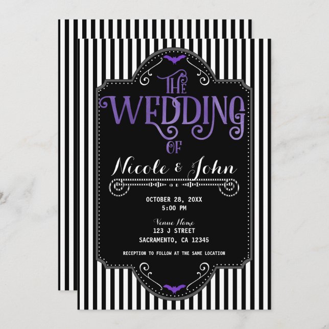 Black White Stripes Purple Gothic Bat Wedding Invitation (Front/Back)