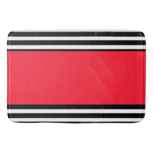 Black White Stripes Red Band  Bath Mat