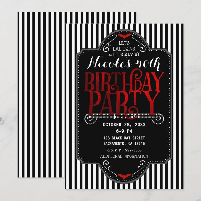 Black White Stripes Red Gothic Bat Birthday Party Invitation (Front/Back)