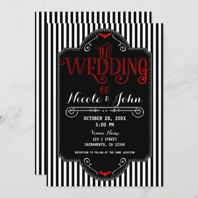Black White Stripes Red Gothic Bat Wedding Invitation (Front/Back)
