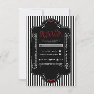 Black White Stripes Red Gothic Bat Wedding RSVP