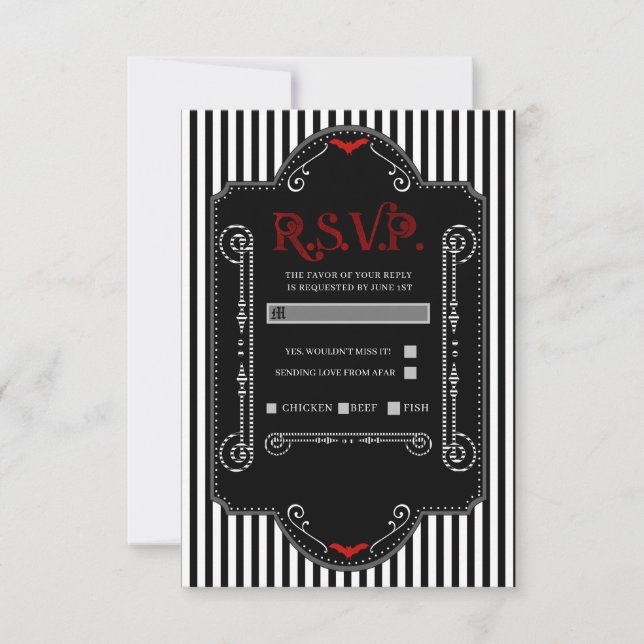 Black White Stripes Red Gothic Bat Wedding RSVP (Front)