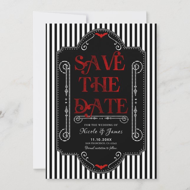 Black White Stripes Red Gothic Bat Wedding Save The Date (Front)