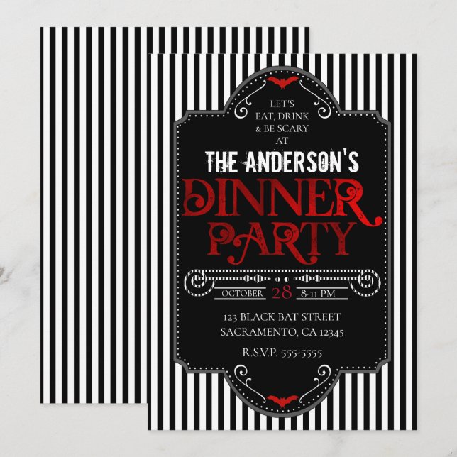 Black White Stripes Red Gothic Dinner Party Invitation (Front/Back)