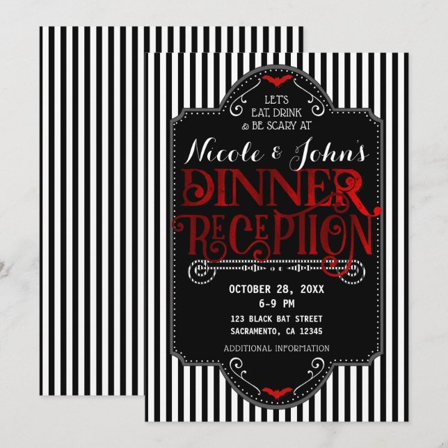 Black White Stripes Red Gothic Dinner Reception Invitation (Front/Back)