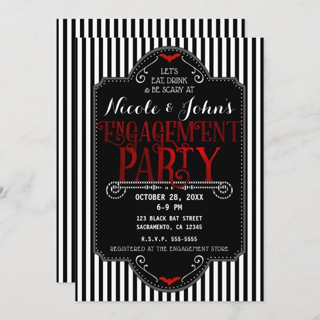 Black White Stripes Red Gothic Engagement Party Invitation (Front/Back)