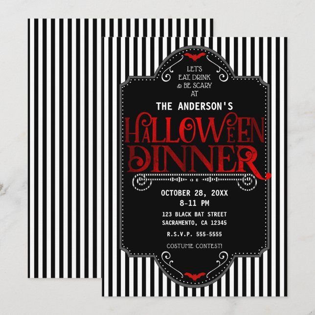 Black White Stripes Red Gothic Halloween Dinner Invitation (Front/Back)