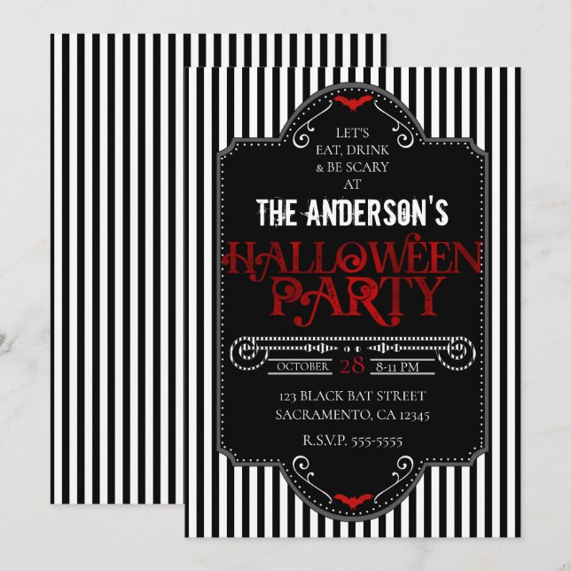 Black White Stripes Red Gothic Halloween Party Invitation (Front/Back)
