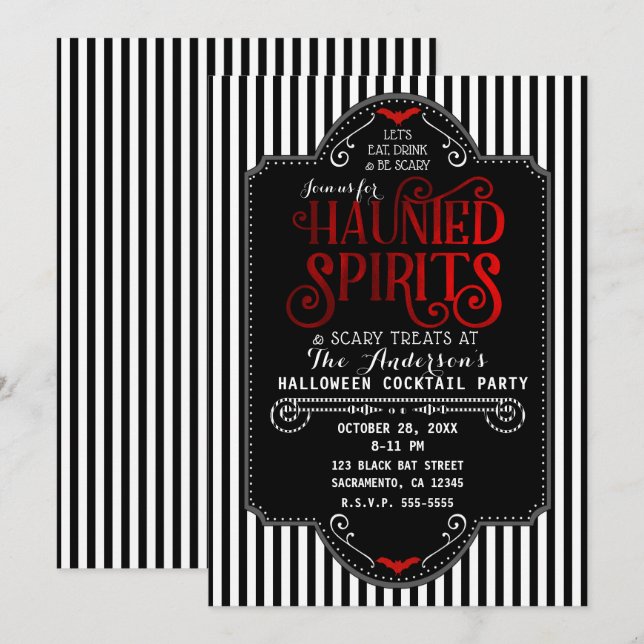 Black White Stripes Red Haunted Spirits Cocktail Invitation (Front/Back)