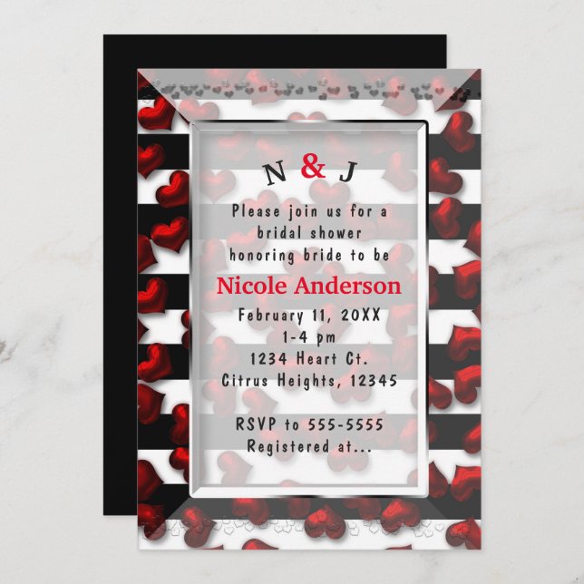 Black White Stripes & Red Hearts Bridal Shower Invitation (Front/Back)