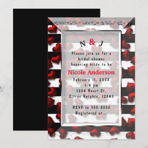 Black White Stripes & Red Hearts Bridal Shower Invitation