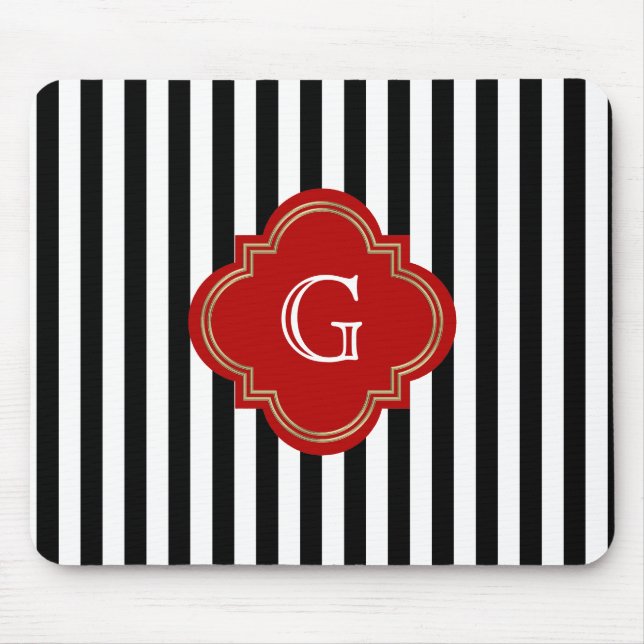 Black White Stripes, Red Label Monogram Mouse Mat (Front)