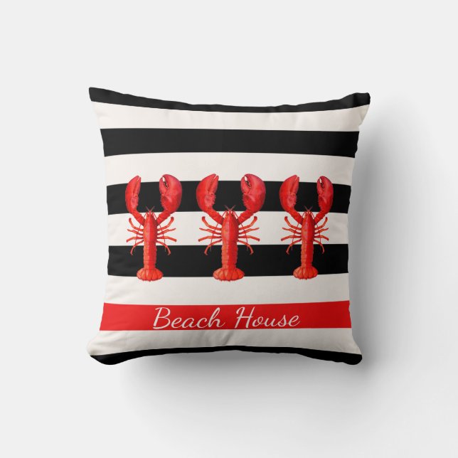 Black white stripes red lobsters cushion (Front)