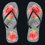 Black White Stripes Red Roses Flip Flops<br><div class="desc">FLIP FLOPS for WOMEN or MEN with a custom design of red roses on a background of boxed black and white diagonal stripes. Fun for every day or wear to a Derby Day party,  bridal shower or fun for bridal party gift. MATCHING items in our store.</div>