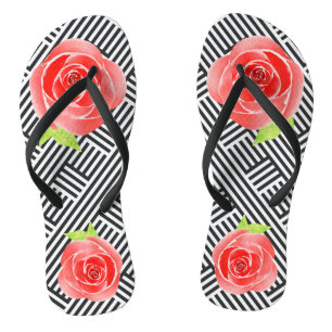 Black White Stripes Red Roses Flip Flops