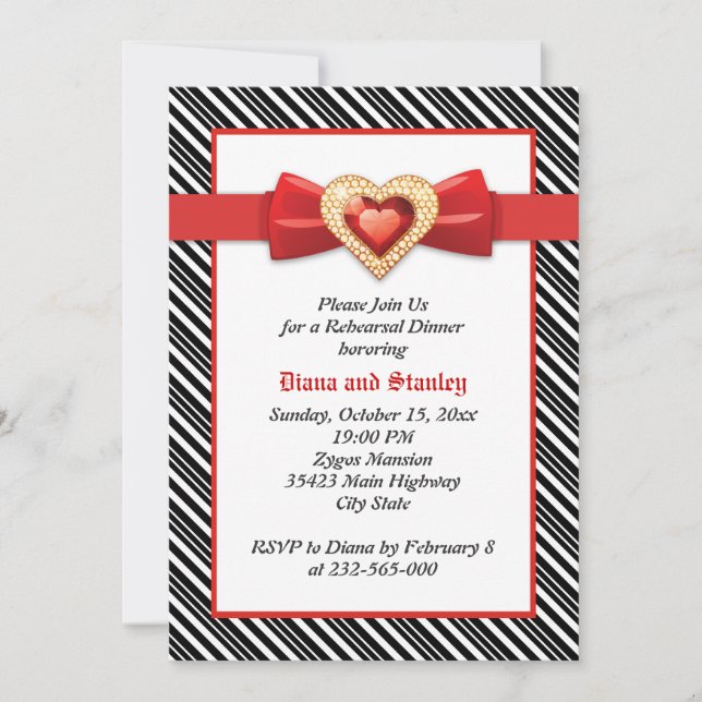 Black white stripes, red wedding rehearsal dinner invitation (Front)