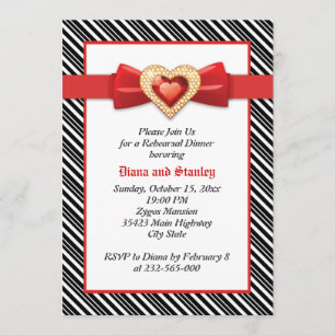 Black white stripes, red wedding rehearsal dinner invitation