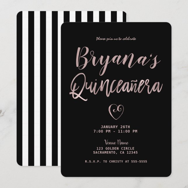 Black & White Stripes Rose Gold 15 Quinceañera   Invitation (Front/Back)