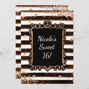Black & White Stripes Rose Gold Flakes Invitation