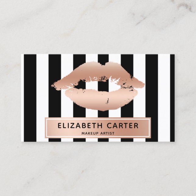 black white stripes rose gold lips makeup artist business card (Front)