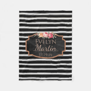 Black White Stripes Rose Gold Monogrammed Floral Fleece Blanket