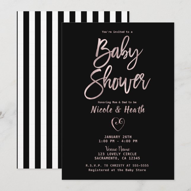 Black White Stripes Rose Gold Pink Baby Shower   Invitation (Front/Back)
