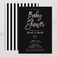 Black White Stripes Rose Gold Pink Baby Shower  