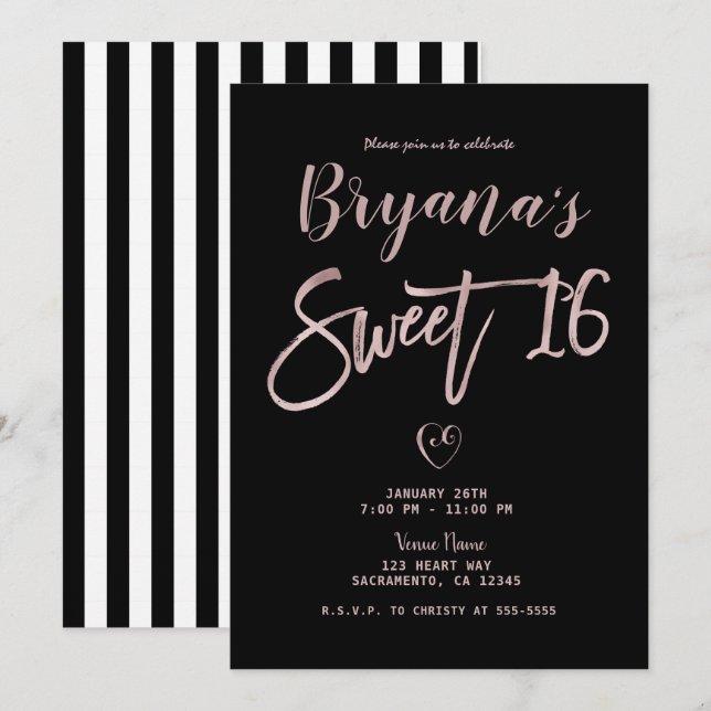 Black White Stripes Rose Gold Pink Chic Sweet 16   Invitation (Front/Back)
