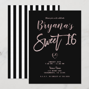 Black White Stripes Rose Gold Pink Chic Sweet 16   Invitation