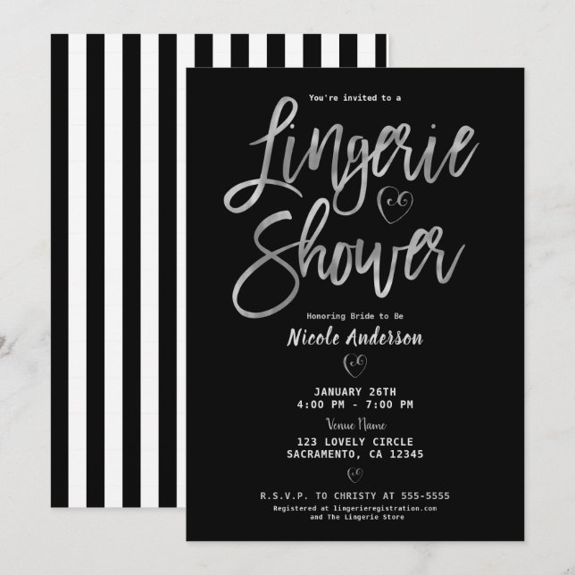 Black White Stripes Rose Gold Pink Lingerie Shower Invitation (Front/Back)