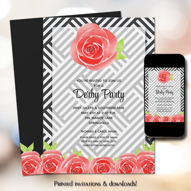 Black White Stripes Roses Derby Horse Invitation (Creator Uploaded)