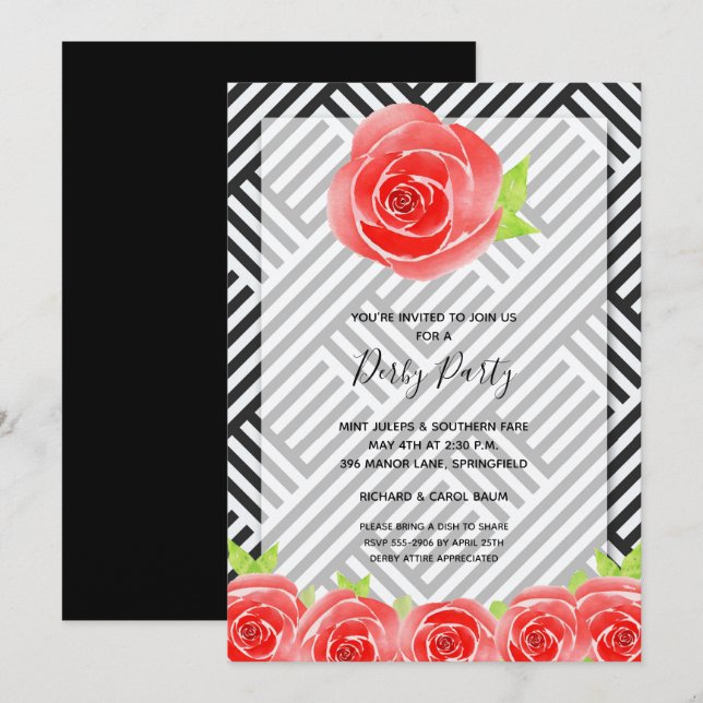 Black White Stripes Roses Derby Horse Party Invite (Front/Back)
