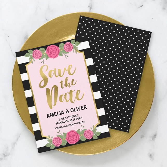 Black White Stripes Roses Wedding Save the Date (Creator Uploaded)