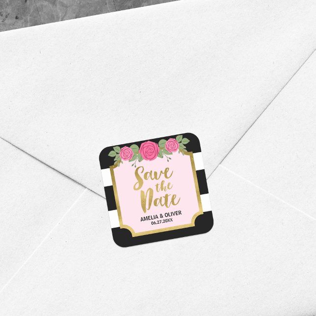 Black White Stripes Roses Wedding Save the Date Square Sticker (Creator Uploaded)