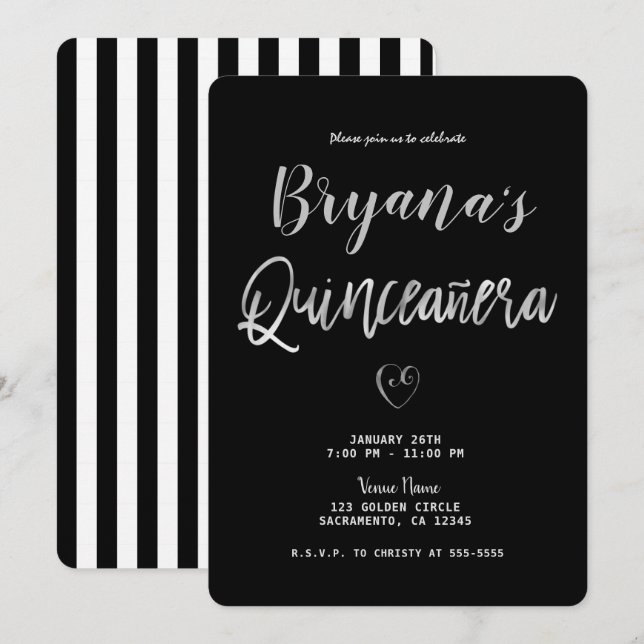 Black & White Stripes Silver Heart 15 Quinceañera  Invitation (Front/Back)