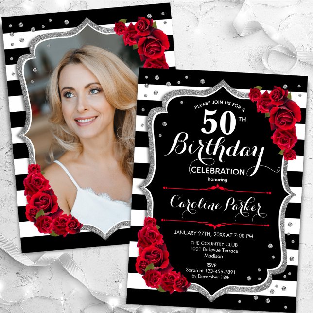 Black White Stripes Silver Red Photo 50th Birthday Invitation (Creator Uploaded)