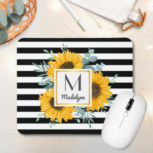 Black White Stripes Sunflower Monogram Mouse Mat