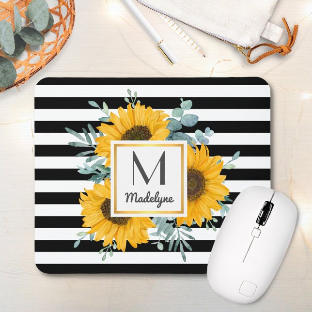 Black White Stripes Sunflower Monogram Mouse Mat (Creator Uploaded)