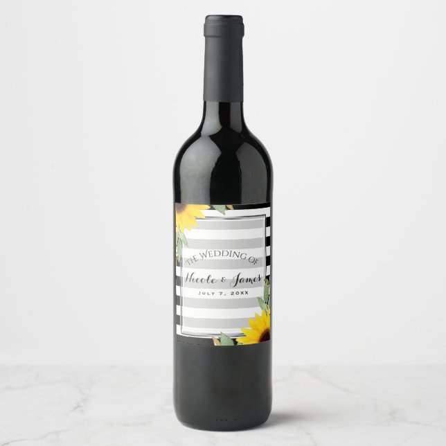 Black White Stripes Sunflowers Floral Chic Wine Label (Front)