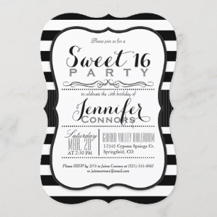 Black & White Stripes Sweet 16 Party Invitation