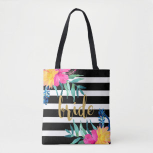 Black & White Stripes Tropical Flowers Bouquet Tote Bag