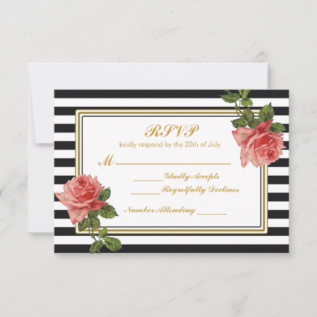 Black & White Stripes Vintage Pink Rose RSVP (Front)
